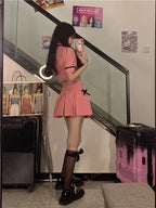 2PCS Pink Plaid Lapel Bow Puff Sleeve Crop Top + Mini Skirt