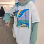 Rainbow Cartoon Print Hoodie Patchwork Loose Drawstring Sweatshirt Sweater Long Sleeve Pullover E-Girl Kawaii Korean Japanese Harajuku Streetwear