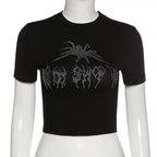 Sexy Black Spider Rhinestone Graphic Crop Top Short Sleeve T-shirt Vintage Punk Goth Aesthetic Casual Summer E-Girl Kawaii Korean Japanese Haraju