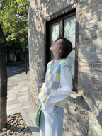 Blue & Yellow Checkered Crochet Sweater Vest