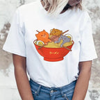 Cute Cat Kitten Ramen Noodles Food Print Short Sleeve Shirt T-shirt Tee Top Kawaii Korean Japanese Harajuku Chinese Retro Streetwear Aesthetic Fashion