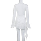 White Ruffle A-Line Chiffon Long Sleeve Flare Dress