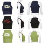 Cute Hawaii Flower Tank Crop Top Vintage Short Sleeve Shirt Sleeveless O Neck Casual Summer E-Girl Kawaii Korean Japanese Harajuku Streetwear