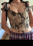 Cat Embroidery Lace Up Corset Top