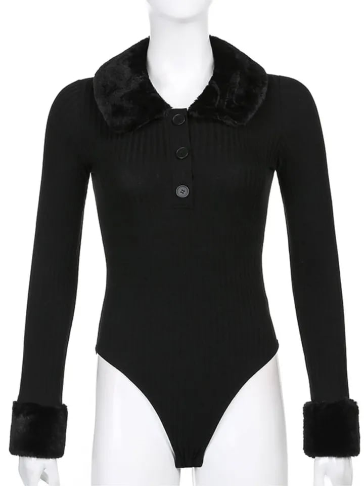Black Faux Fur V Neck Bodycon Sweater