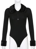 Black Faux Fur V Neck Bodycon Sweater