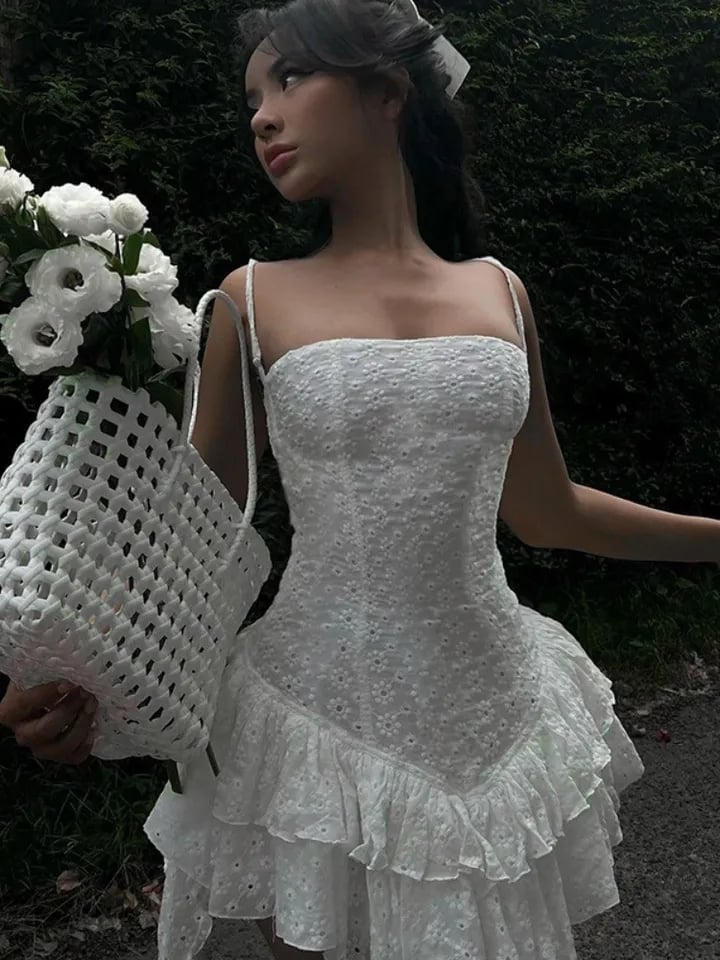 White Floral Lace Layered Dress