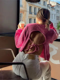 Pink Knit Backless Lace Up Sweater