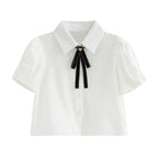 Cute 2pcs Set White Puff Ruffles Sleeve Shirt + Aline Pleated Preppy Mini Skirt Summer Aesthetic Casual E-Girl Kawaii Korean Japanese Harajuku