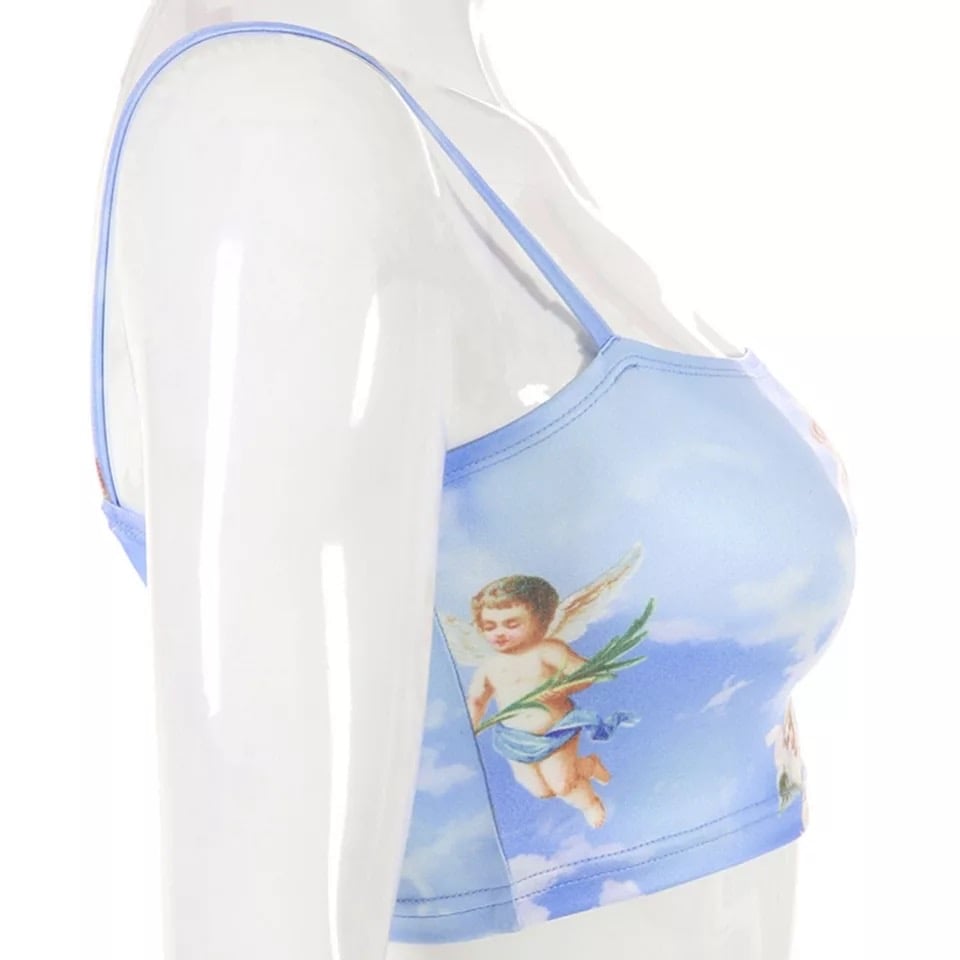 Cute Cupid Angel Love Print Crop Top Camisole Spaghetti Strap Tank Shirt Tee T-shirt E-Girl Kawaii Korean Japanese Harajuku Retro Streetwear Aesthetic