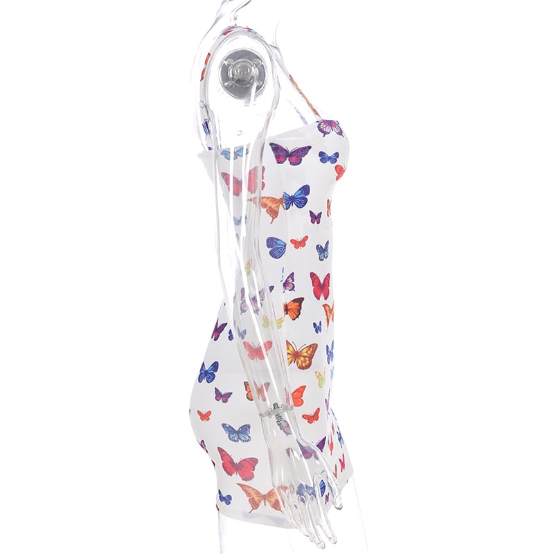 Cute Colorful Rainbow Butterfly Spaghetti Strap Bodycon Mini Dress Party E-Girl Kawaii Korean Japanese Harajuku Chinese Retro Streetwear Aesthetic