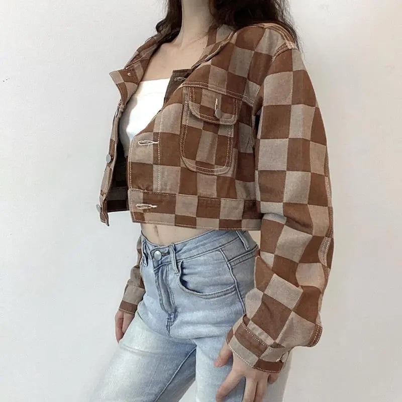 Brown Checkboard Cropped Denim Jacket