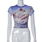 Angel Cake Print Ruffle Short Sleeve Shirt
