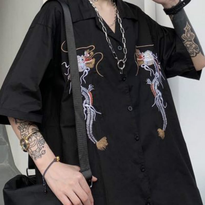 Dragon Embroidery Vintage Black Blouse Button Down Casual Loose Short Sleeve Tee Shirt T-shirt Top E-Girl Kawaii Korean Japanese Harajuku Streetwear