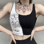 Cute Sexy Black White Patchwork Print Tank Crop Top Sleeveless Shirt Punk Bodycon Aesthetic Goth E-Girl Kawaii Korean Japanese Harajuku Streetwear
