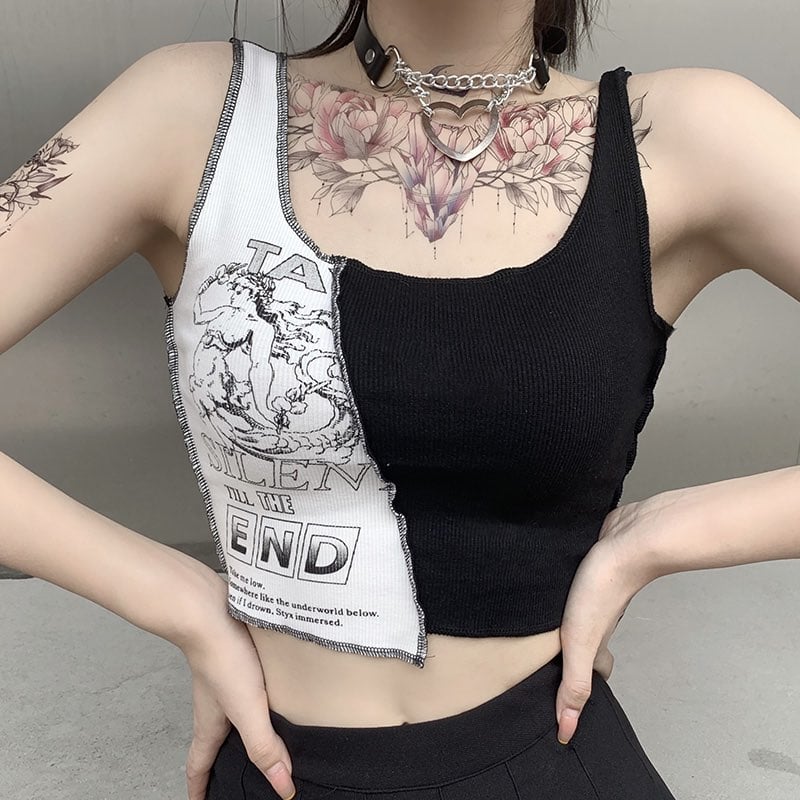 Cute Sexy Black White Patchwork Print Tank Crop Top Sleeveless Shirt Punk Bodycon Aesthetic Goth E-Girl Kawaii Korean Japanese Harajuku Streetwear