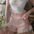 Pink Bow Ruffle High Waist Lace Shorts