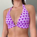 Cute Pink Heart Print Halter Bustier Crop Top Sleeveless Backless Lace Up Bralette Summer Casual E-Girl Kawaii Korean Japanese Harajuku Streetwear