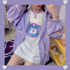 Pastel Purple Anime Star Moon Cartoon Blouse Oversized Long Sleeve Shirt Loose Button Autumn Winter E-Girl Kawaii Korean Japanese Harajuku Streetwear