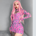 Sexy Pink Fire Flame Print Hollow Cut Out Long Sleeve Mini Dress Ruched Bodycon Club Party Summer E-Girl Kawaii Korean Japanese Harajuku Streetwear