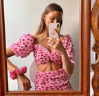 2PCS Sweet Pink Glitter Heart Crop Top + Mini Skirt