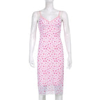 Cute Sexy Pink Floral Long Boho Dress Sleeveless V Neck Lace Trim Bodycon Party Club Beach Summer Vintage Casual E-girl Kawaii Korean