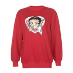 Cute 80s 90s Red Heart Vintage Cartoon Girl Long Sleeve Shirt Hoodie Pullover Sweatshirt Casual E-Girl Kawaii Korean Japanese Harajuku Streetwear