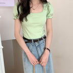 Green Puff Sleeve Square Collar Top
