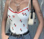 Cute Sweet Sexy Cherry Ruffle Bodysuit Top Tees Tshirts E-Girl Kawaii Korean Japanese Harajuku Chinese Retro Streetwear Aesthetic