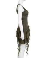 Green Ruffle Irregular Lace Dress