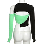 Green & Black Patchwork Hollow Out Long Sleeve Shirt