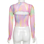 Cute Sexy 2PCS Colorful Hollow Out Long Sleeve Shirt Punk Summer Aesthetic Casual E-Girl Kawaii Korean Japanese Harajuku