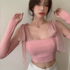 Sweet Pink Bow Knit Long Sleeve Crop Top