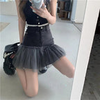 Black Tulle Patchwork Denim Skirt