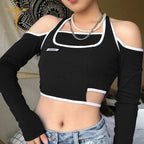 Blue Patchwork Halter Off Shoulder Hollow Crop Top Long Sleeve T-shirt Streetwear Summer Aesthetic Casual E-Girl Kawaii Korean Japanese Harajuku