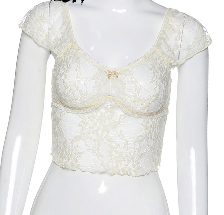 Cute Transparent Lace Mesh Sweet Crop Top Short Sleeve Shirt Tee T-shirt E-Girl Kawaii Korean Japanese Harajuku Chinese Retro Streetwear Aesthetic