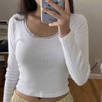 White Ribbed Lace Long Sleeve Shirt