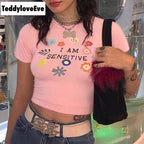 Cute Sensitive Pink Flower Embroidery Sexy Crop Top Short Sleeve Shirt Tee T-shirt Summer Casual E-Girl Kawaii Korean Japanese Harajuku Streetwear