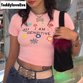 Cute Sensitive Pink Flower Embroidery Sexy Crop Top Short Sleeve Shirt Tee T-shirt Summer Casual E-Girl Kawaii Korean Japanese Harajuku Streetwear