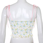 Lace Frill Floral Print Crop Top Summer Sleeveless Camisole Causal E-Girl Kawaii Korean Japanese Harajuku Streetwear