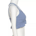 Cute Sexy Blue White Hollow Out Patchwork Rib Knit Camisole Crop Top Sleeveless Shirt Summer Aesthetic Casual E-Girl Kawaii Korean Japanese Harajuku
