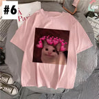 Cute Pink Funny Cat Kitten Meme Cartoon Print Loose Short Sleeve Short T-shirt Tee Top Summer Casual E-Girl Kawaii Korean Japanese Harajuku Streetwear