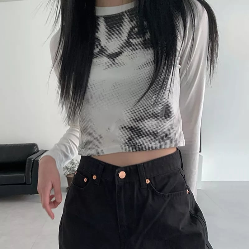 Indie Cat Print Long Sleeve T-shirt