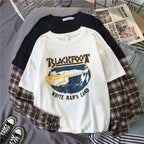 Black White Plaid Patchwork Print Loose Casual Sweatshirt Sweater Long Sleeve Shirt Pullover Jumper E-Girl Kawaii Korean Japanese Harajuku Streetwear