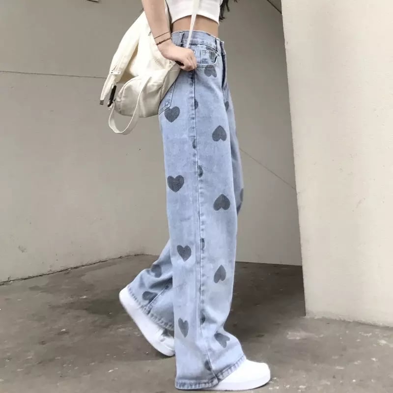 Cute Heart Denim Blue Loose High Waisted Straight Leg Flare Jeans Pants Aesthetic Casual Summer E-Girl Kawaii Korean Japanese Harajuku
