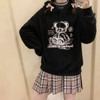 Cute Black Bear Cartoon Print Loose Long Sleeve Hoodie Sweatshirt Sweater Pullover Jumper Punk Goth E-Girl Kawaii Korean Japanese Harajuku Streetwear