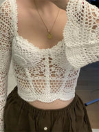 Bohemian Crochet Hollow Out Long Sleeve Flare Shirt