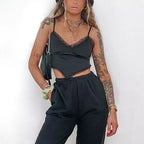 Sexy Bandage Lace Trim Sweet Satin V Neck Crop Top Camisole Spaghetti Strap Backless Shirt E-Girl Kawaii Korean Japanese Harajuku Streetwear