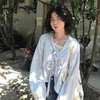 Blue Striped Bandage Long Sleeve Blouse