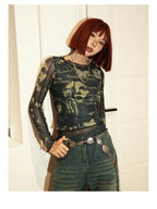 Butterfly Print Mesh Long Sleeve Shirt